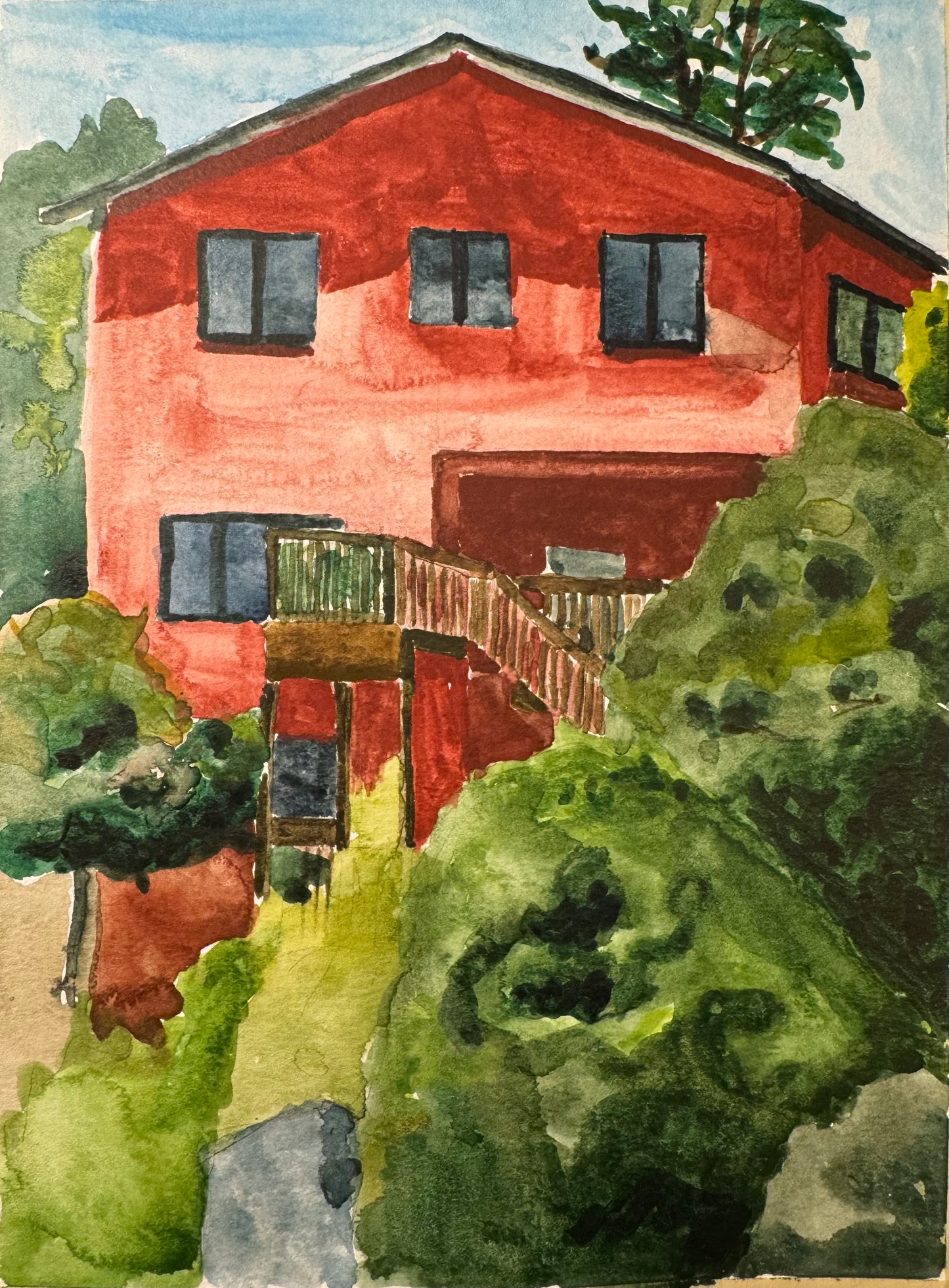 Brick red house, 7.5”x10”, watercolor