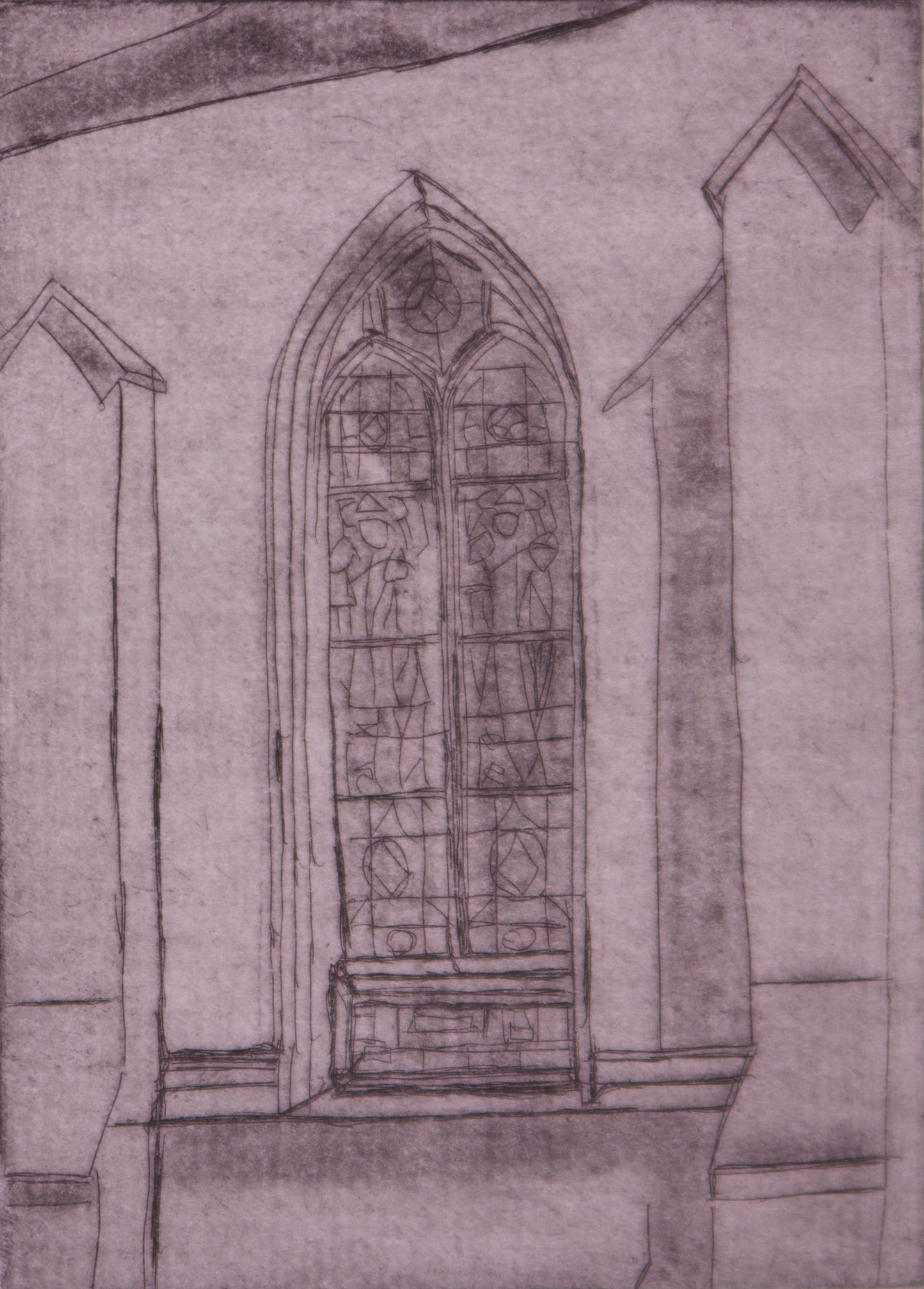 Stained glass window of a church, 3.5”x5”, etching