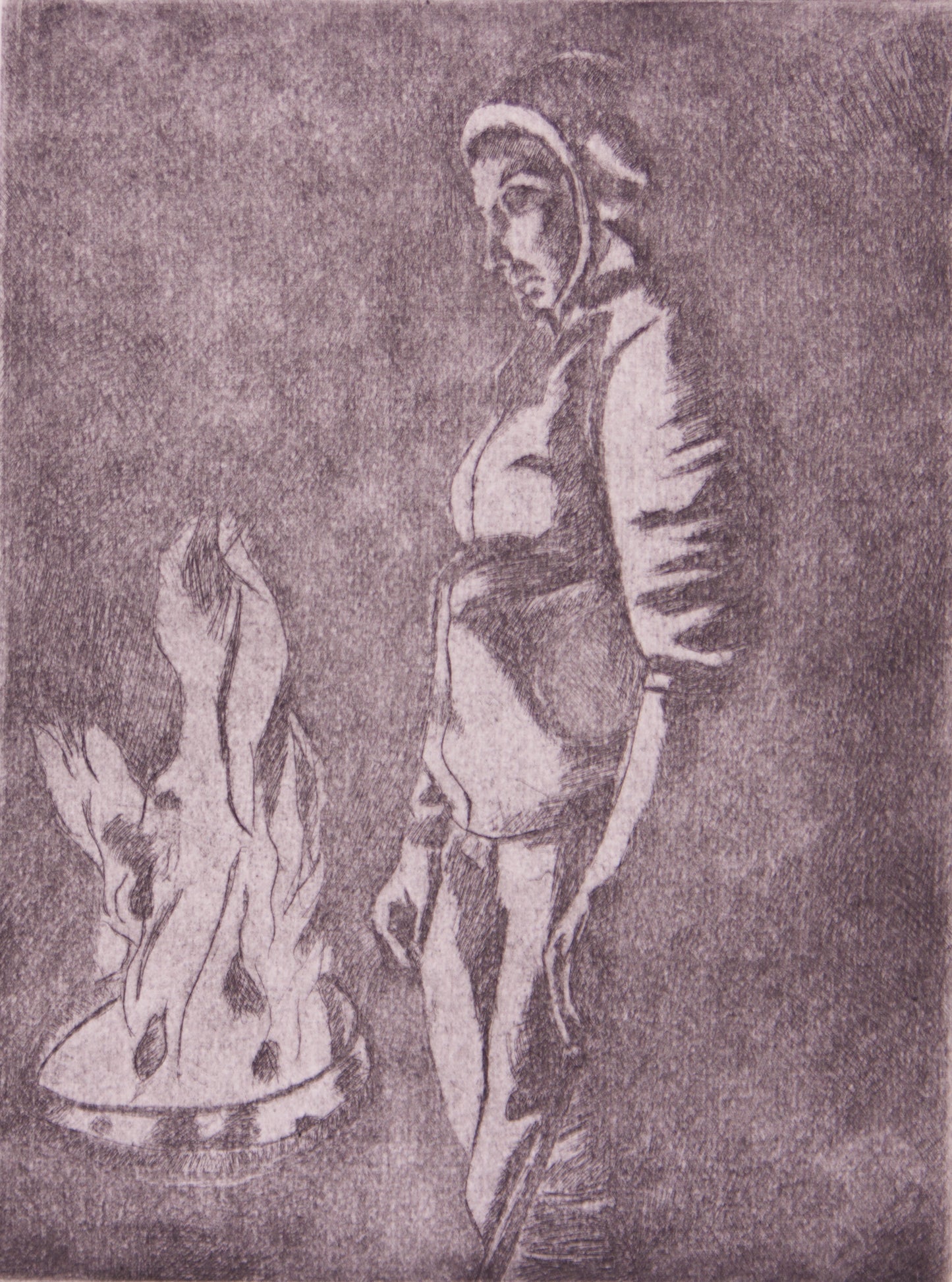 Standing by fire, 6”x8”, etching